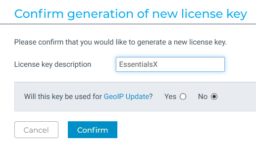 The description should be filled in with something to identify the key, and you should check "No" next to the GeoIP Update text.
